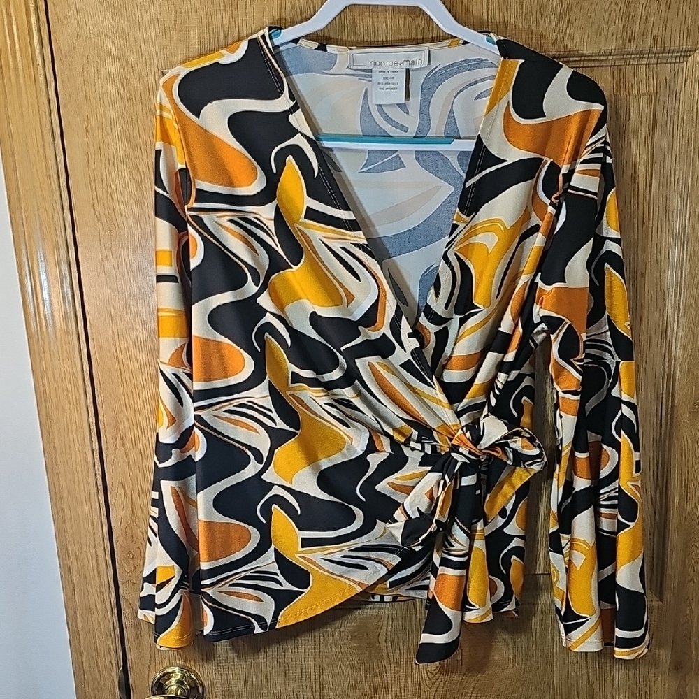 Monroe & Main Swirl Pattern Wrap Blouse - Black, Orange, Cream